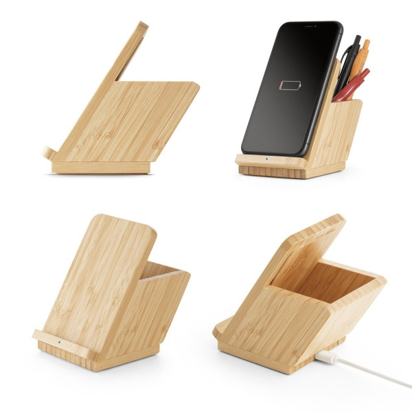 LEAVITT. Smartphonehouder en balpenhouder met 10W supersnelle draadloze oplader in bamboe