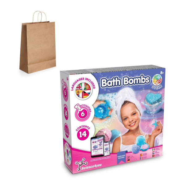 Bath Bombs Kit III. Educatief spel geleverd met een kraftpapier cadeauzakje (115 g/m²)